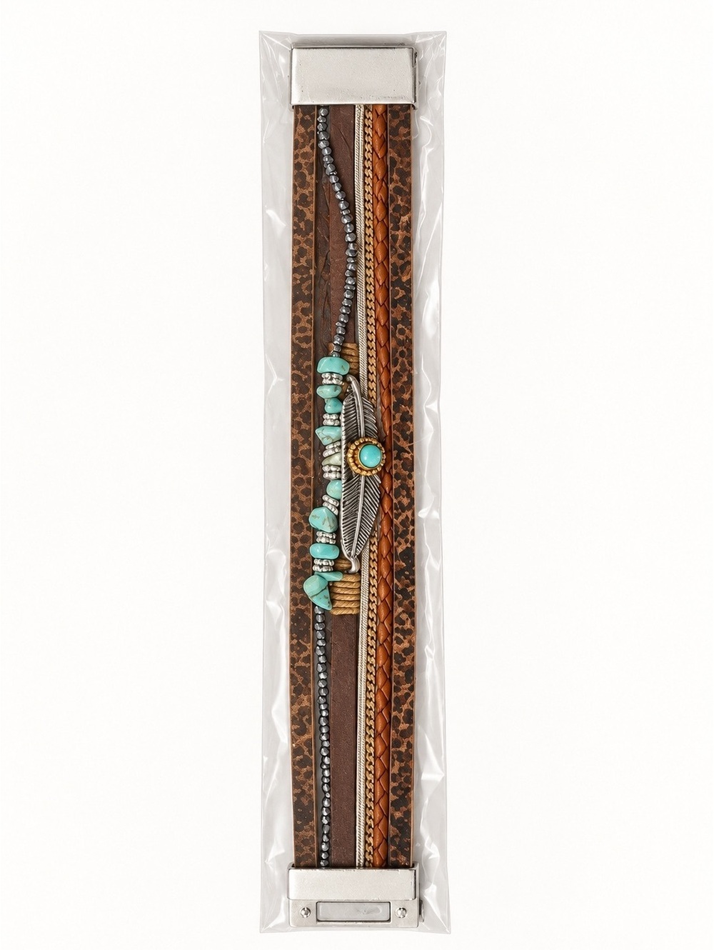 Brown Multistrand Bracelet Turquoise-Color Oval Accent New